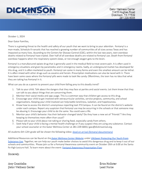 Fentanyl Awareness Letter
